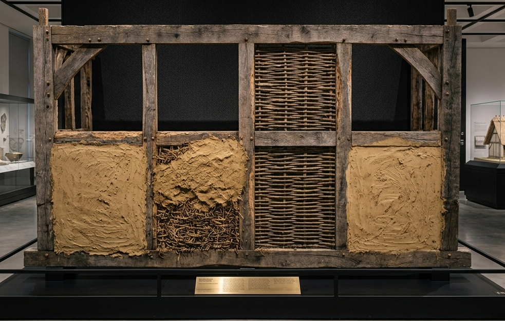 photograph of a museum exhibition featuring a large, cross-section display of wattle and daub construction. The exhibit consists of a heavy, weathered timber frame divided into four panels, showcasing different stages of the traditional building technique. Left and Right Panels: Smooth, dried daub (a mixture of mud, straw, and lime) completely filling the lower sections.